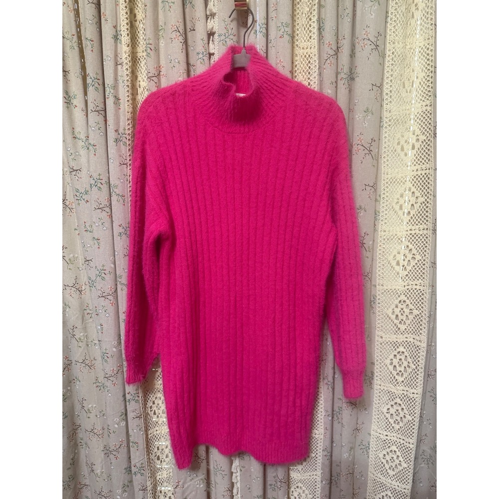 Anthropologie Flat White Hot Pink Fuzzy Turtleneck Sweater Dress Large